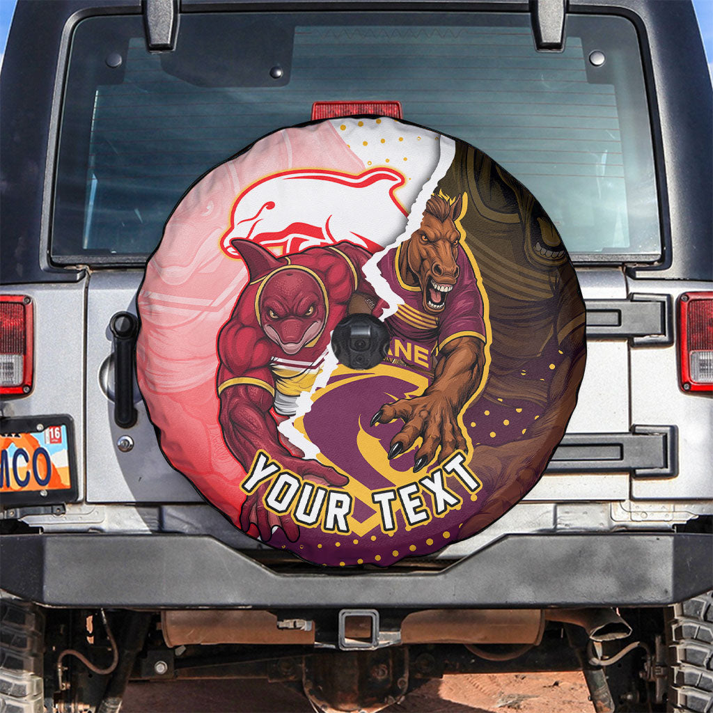 Personalized Brisbane Broncos vs Dolphins Spare Tire Cover Rivalry Dynamic Sports Rugby Mascot Graphic Art