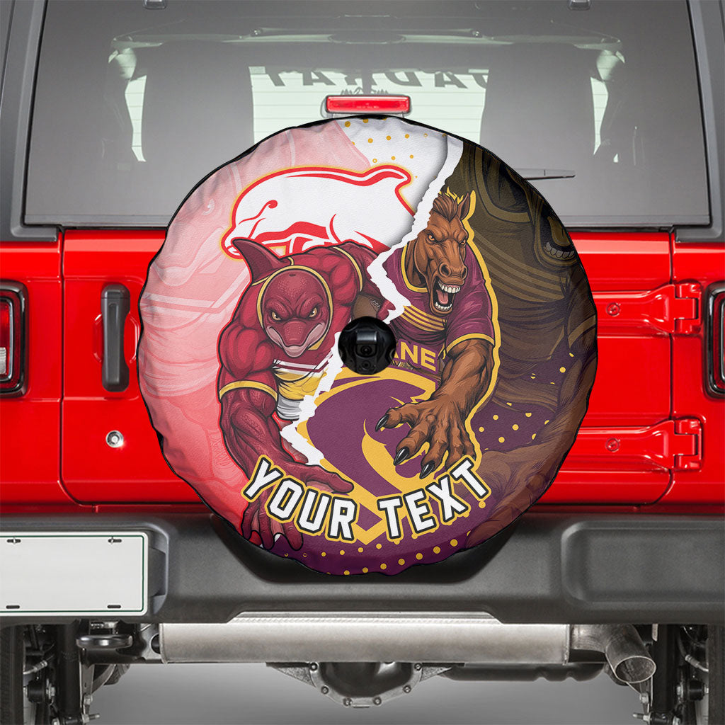 Personalized Brisbane Broncos vs Dolphins Spare Tire Cover Rivalry Dynamic Sports Rugby Mascot Graphic Art
