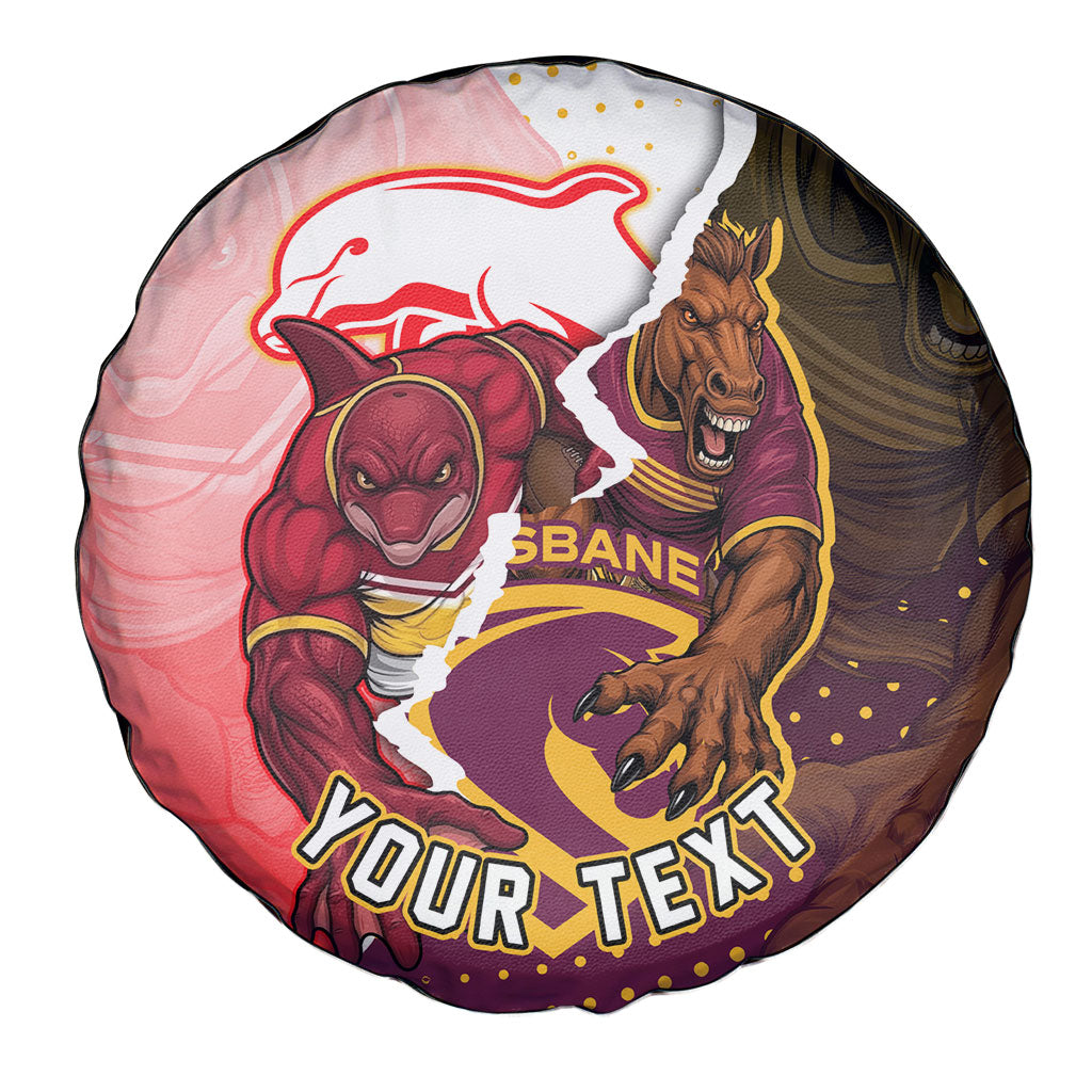 Personalized Brisbane Broncos vs Dolphins Spare Tire Cover Rivalry Dynamic Sports Rugby Mascot Graphic Art