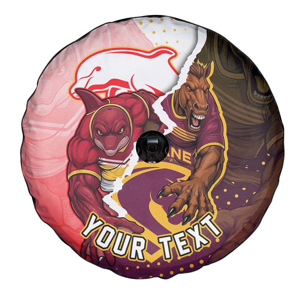 Personalized Brisbane Broncos vs Dolphins Spare Tire Cover Rivalry Dynamic Sports Rugby Mascot Graphic Art