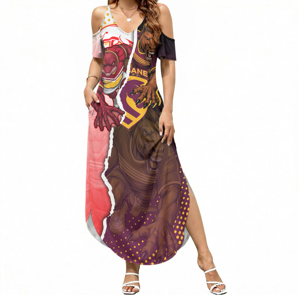 Personalized Brisbane Broncos vs Dolphins Summer Maxi Dress Rivalry Dynamic Sports Rugby Mascot Graphic Art