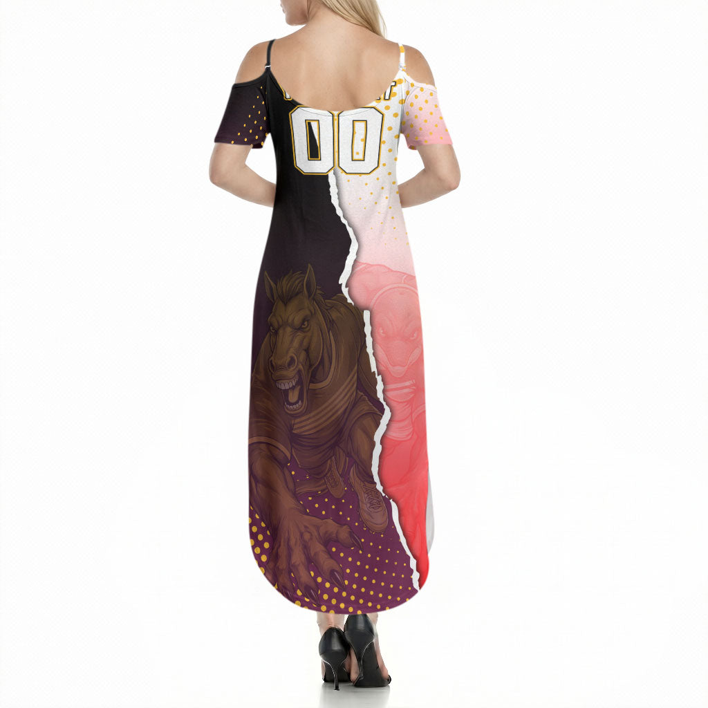 Personalized Brisbane Broncos vs Dolphins Summer Maxi Dress Rivalry Dynamic Sports Rugby Mascot Graphic Art