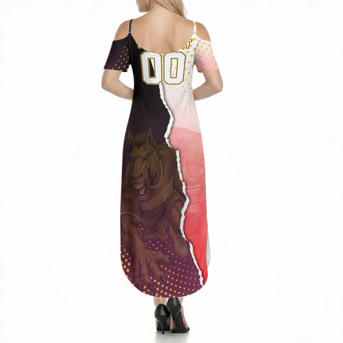 Personalized Brisbane Broncos vs Dolphins Summer Maxi Dress Rivalry Dynamic Sports Rugby Mascot Graphic Art