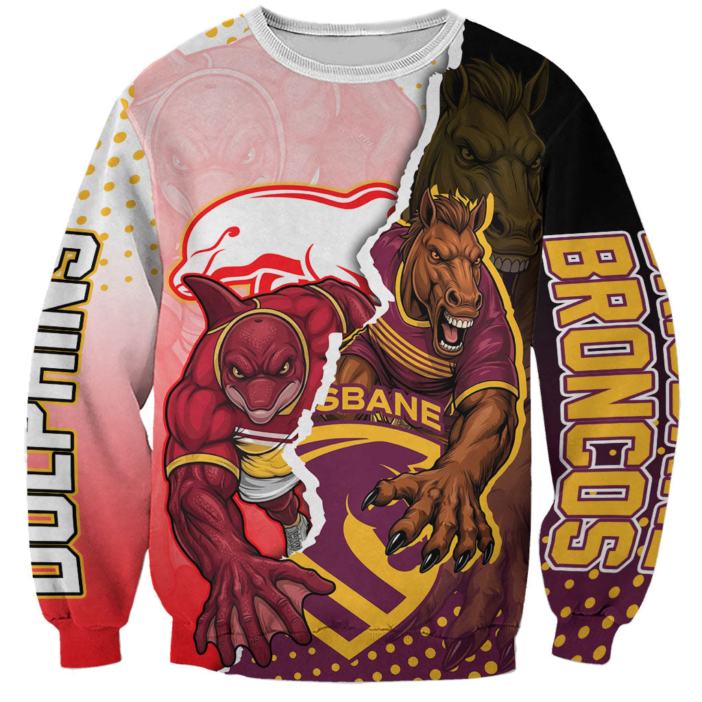 Personalized Brisbane Broncos vs Dolphins Sweatshirt Rivalry Dynamic Sports Rugby Mascot Graphic Art