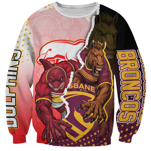 Personalized Brisbane Broncos vs Dolphins Sweatshirt Rivalry Dynamic Sports Rugby Mascot Graphic Art