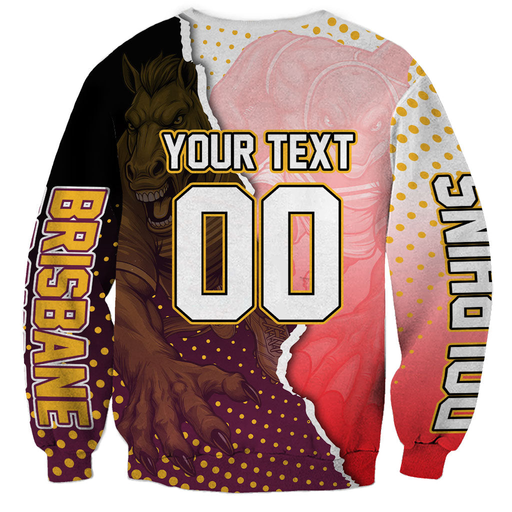 Personalized Brisbane Broncos vs Dolphins Sweatshirt Rivalry Dynamic Sports Rugby Mascot Graphic Art