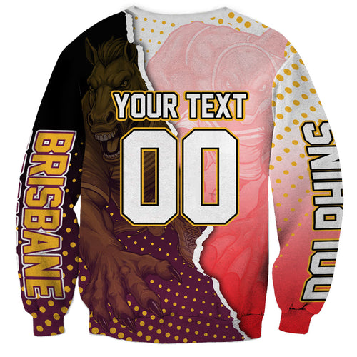 Personalized Brisbane Broncos vs Dolphins Sweatshirt Rivalry Dynamic Sports Rugby Mascot Graphic Art