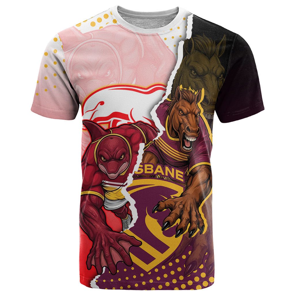 Personalized Brisbane Broncos vs Dolphins T Shirt Rivalry Dynamic Sports Rugby Mascot Graphic Art