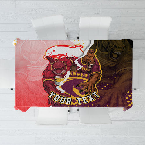 Personalized Brisbane Broncos vs Dolphins Tablecloth Rivalry Dynamic Sports Rugby Mascot Graphic Art