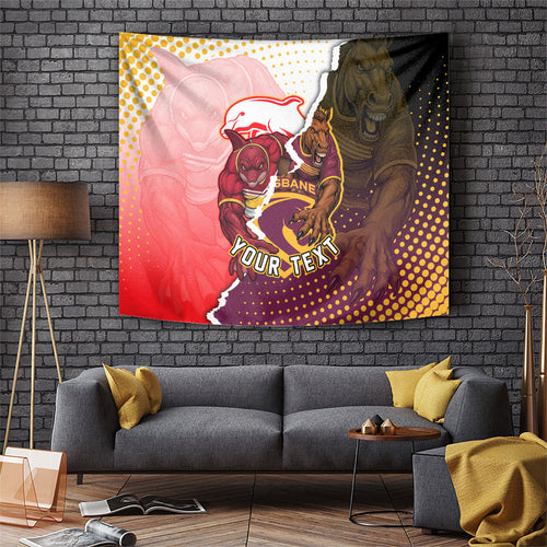 Personalized Brisbane Broncos vs Dolphins Tapestry Rivalry Dynamic Sports Rugby Mascot Graphic Art