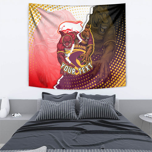 Personalized Brisbane Broncos vs Dolphins Tapestry Rivalry Dynamic Sports Rugby Mascot Graphic Art