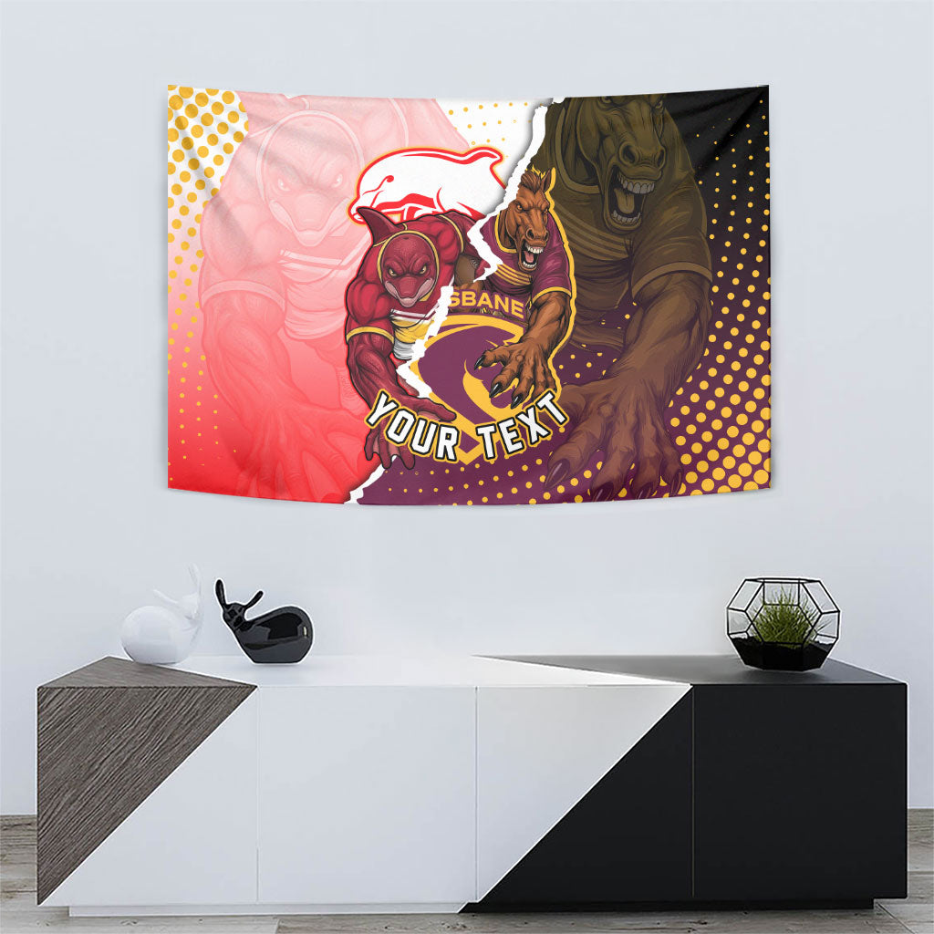 Personalized Brisbane Broncos vs Dolphins Tapestry Rivalry Dynamic Sports Rugby Mascot Graphic Art