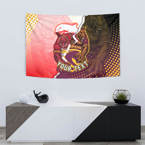 Personalized Brisbane Broncos vs Dolphins Tapestry Rivalry Dynamic Sports Rugby Mascot Graphic Art