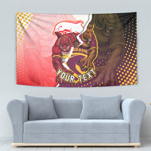 Personalized Brisbane Broncos vs Dolphins Tapestry Rivalry Dynamic Sports Rugby Mascot Graphic Art
