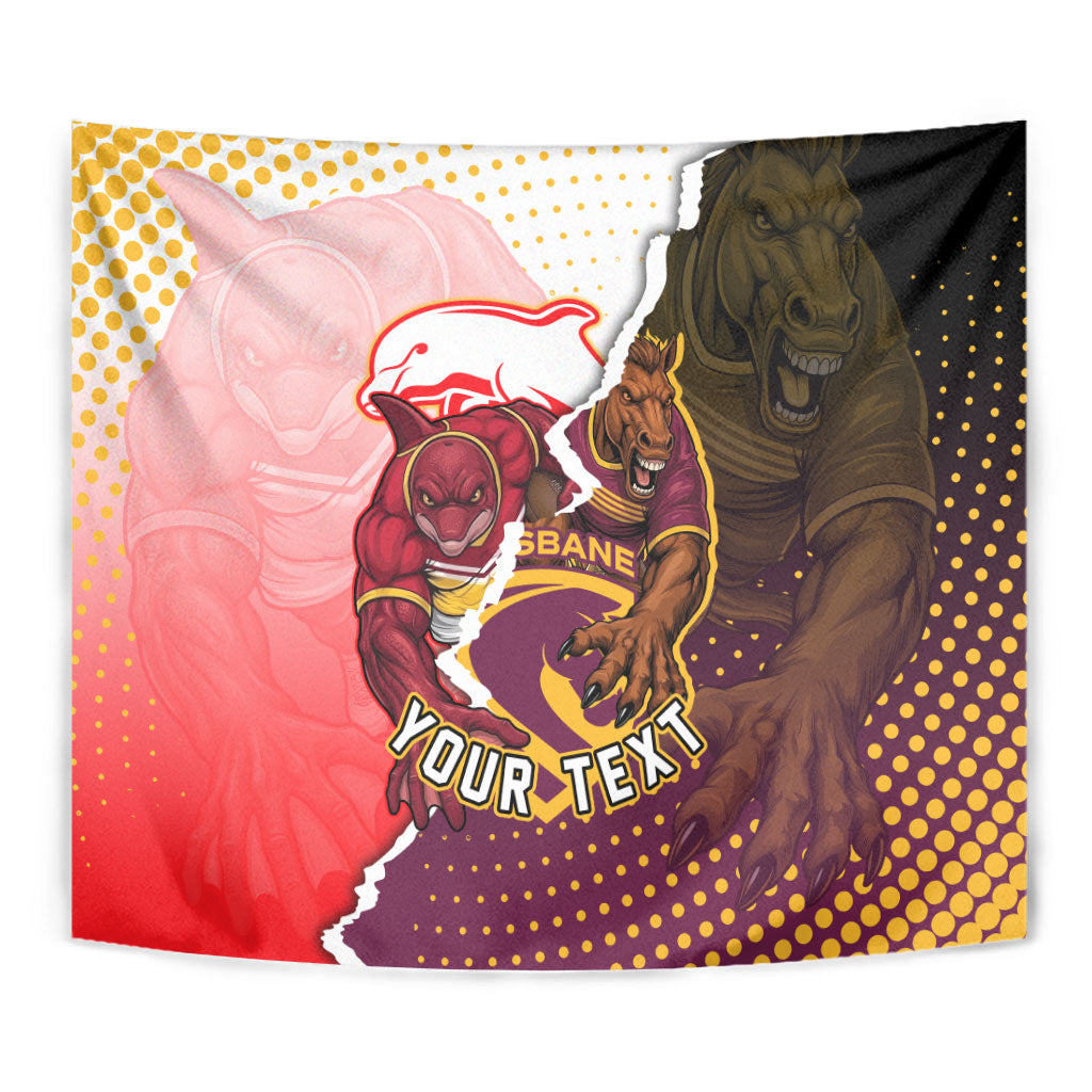 Personalized Brisbane Broncos vs Dolphins Tapestry Rivalry Dynamic Sports Rugby Mascot Graphic Art