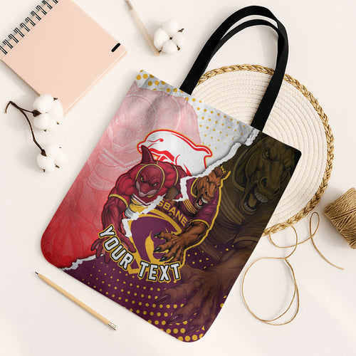 Personalized Brisbane Broncos vs Dolphins Tote Bag Rivalry Dynamic Sports Rugby Mascot Graphic Art