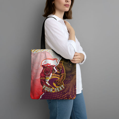 Personalized Brisbane Broncos vs Dolphins Tote Bag Rivalry Dynamic Sports Rugby Mascot Graphic Art
