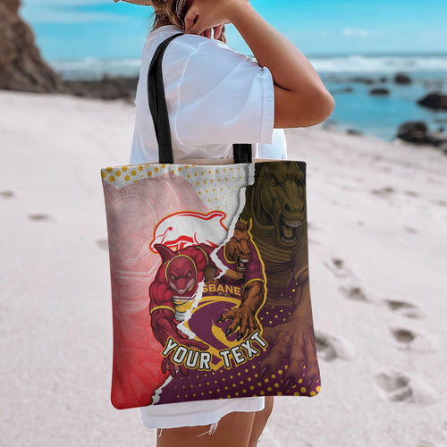 Personalized Brisbane Broncos vs Dolphins Tote Bag Rivalry Dynamic Sports Rugby Mascot Graphic Art