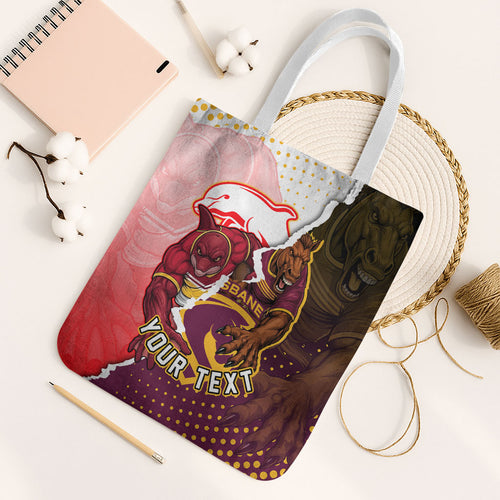 Personalized Brisbane Broncos vs Dolphins Tote Bag Rivalry Dynamic Sports Rugby Mascot Graphic Art