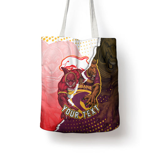 Personalized Brisbane Broncos vs Dolphins Tote Bag Rivalry Dynamic Sports Rugby Mascot Graphic Art