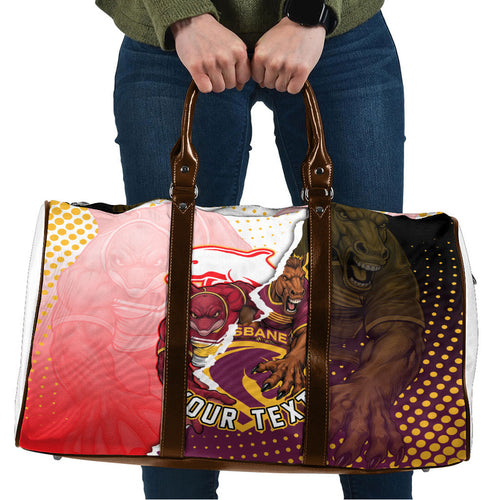 Personalized Brisbane Broncos vs Dolphins Travel Bag Rivalry Dynamic Sports Rugby Mascot Graphic Art