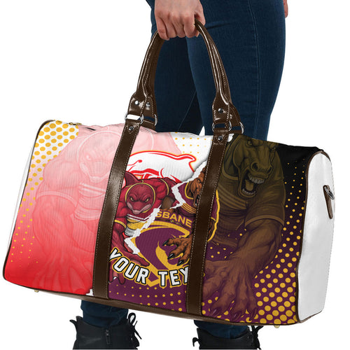 Personalized Brisbane Broncos vs Dolphins Travel Bag Rivalry Dynamic Sports Rugby Mascot Graphic Art
