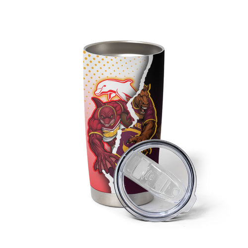 Personalized Brisbane Broncos vs Dolphins Tumbler Cup Rivalry Dynamic Sports Rugby Mascot Graphic Art