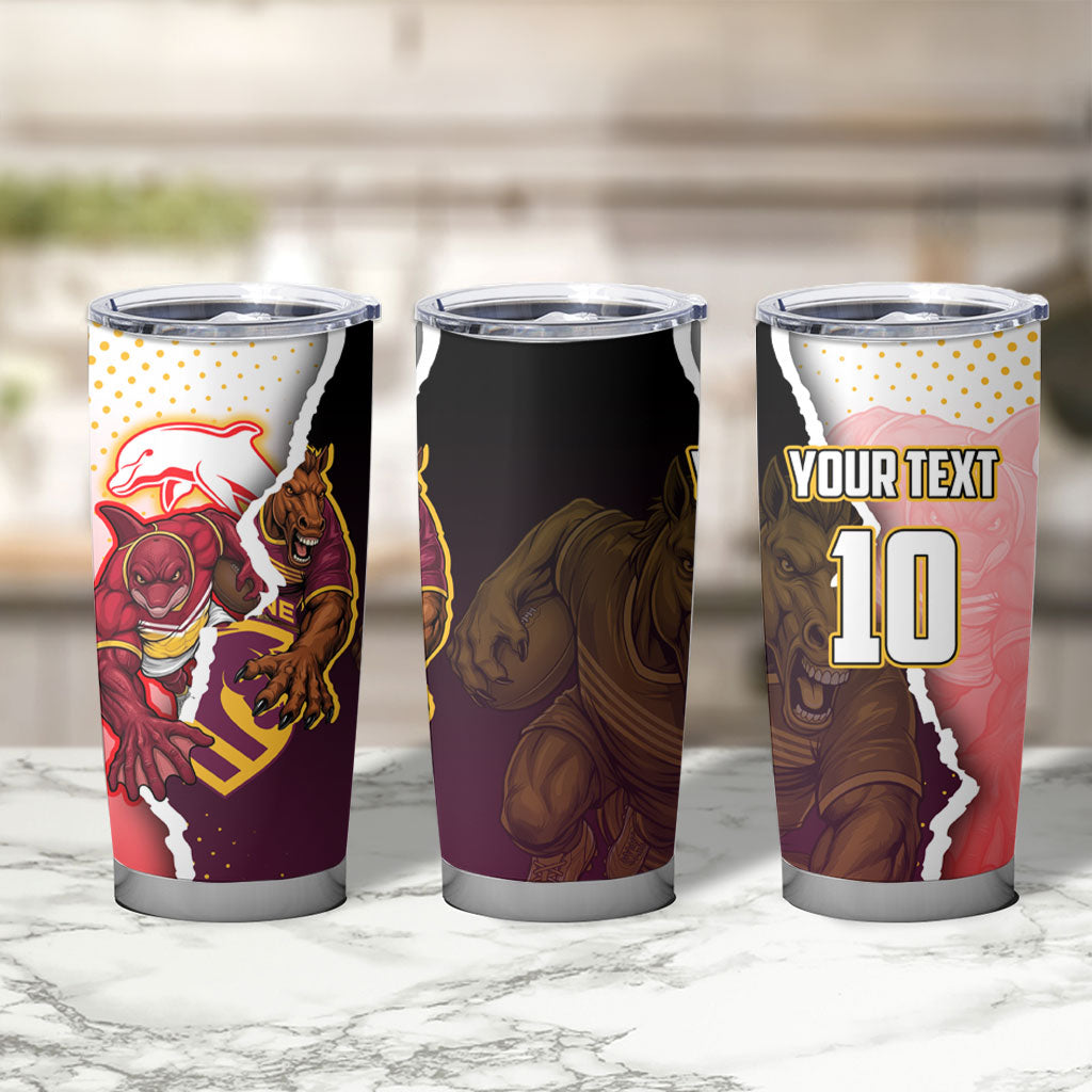 Personalized Brisbane Broncos vs Dolphins Tumbler Cup Rivalry Dynamic Sports Rugby Mascot Graphic Art