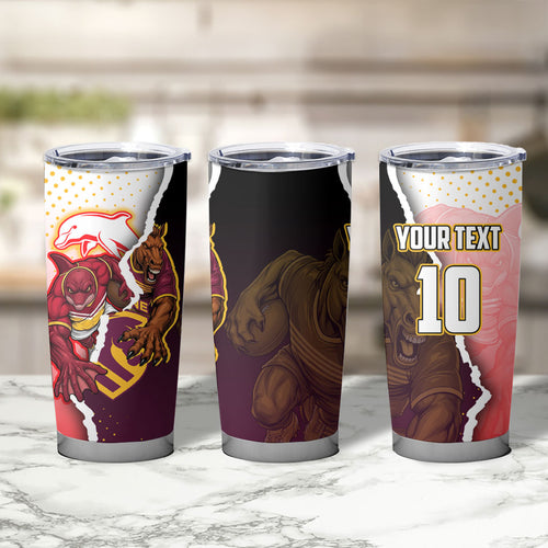 Personalized Brisbane Broncos vs Dolphins Tumbler Cup Rivalry Dynamic Sports Rugby Mascot Graphic Art