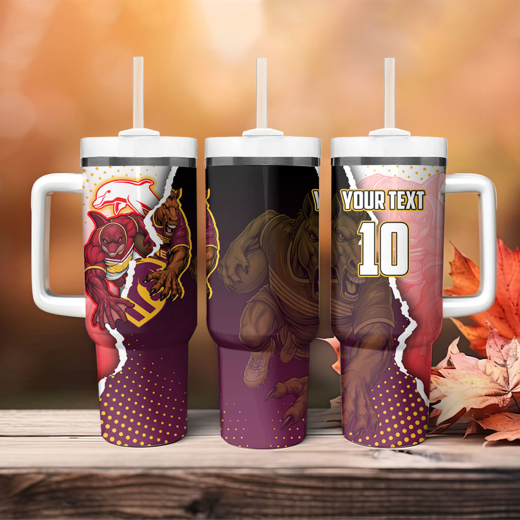Personalized Brisbane Broncos vs Dolphins Tumbler With Handle Rivalry Dynamic Sports Rugby Mascot Graphic Art