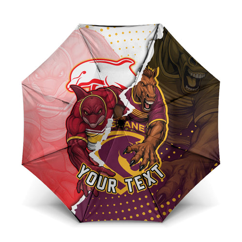 Personalized Brisbane Broncos vs Dolphins Umbrella Rivalry Dynamic Sports Rugby Mascot Graphic Art