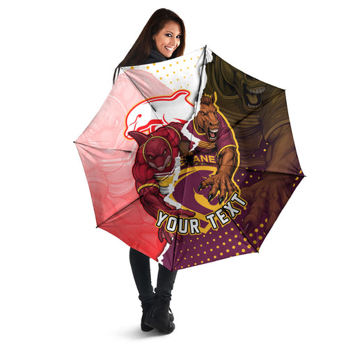 Personalized Brisbane Broncos vs Dolphins Umbrella Rivalry Dynamic Sports Rugby Mascot Graphic Art