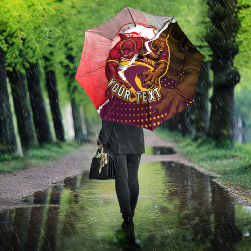 Personalized Brisbane Broncos vs Dolphins Umbrella Rivalry Dynamic Sports Rugby Mascot Graphic Art