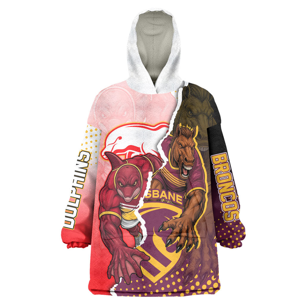 Personalized Brisbane Broncos vs Dolphins Wearable Blanket Hoodie Rivalry Dynamic Sports Rugby Mascot Graphic Art