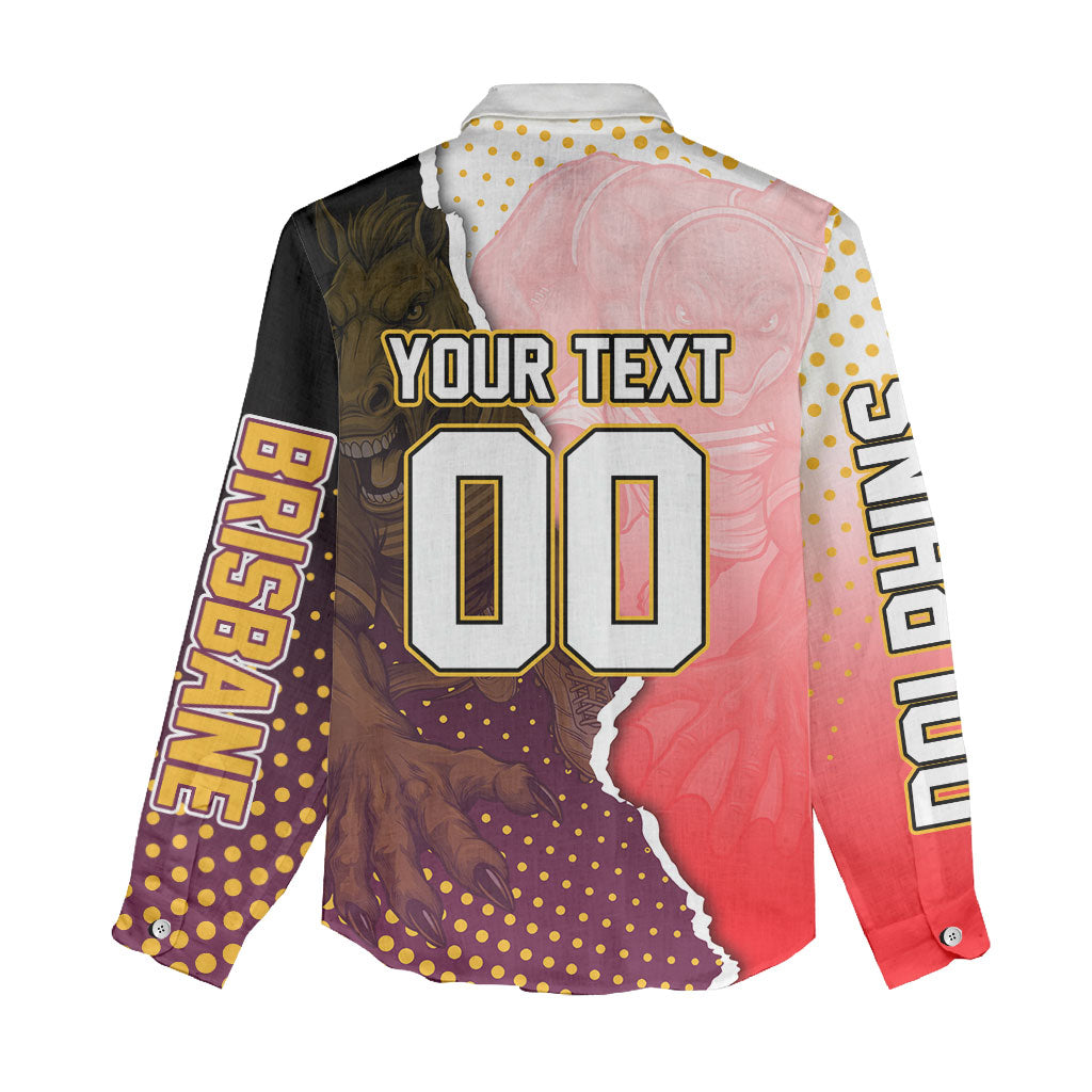 Personalized Brisbane Broncos vs Dolphins Women Casual Shirt Rivalry Dynamic Sports Rugby Mascot Graphic Art