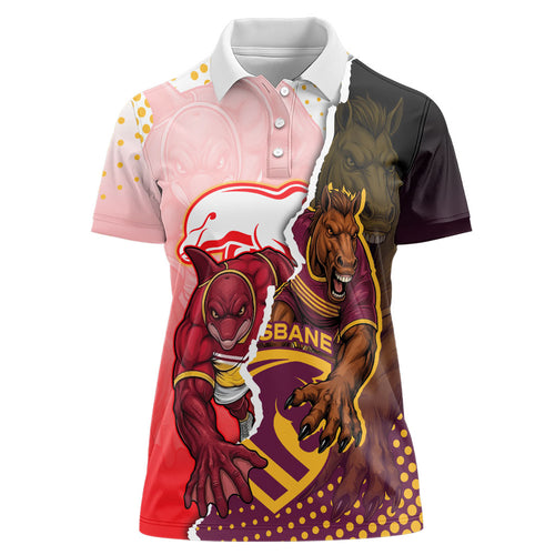 Personalized Brisbane Broncos vs Dolphins Women Polo Shirt Rivalry Dynamic Sports Rugby Mascot Graphic Art