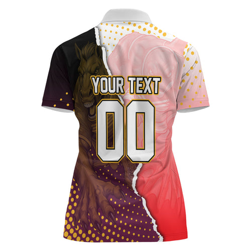 Personalized Brisbane Broncos vs Dolphins Women Polo Shirt Rivalry Dynamic Sports Rugby Mascot Graphic Art