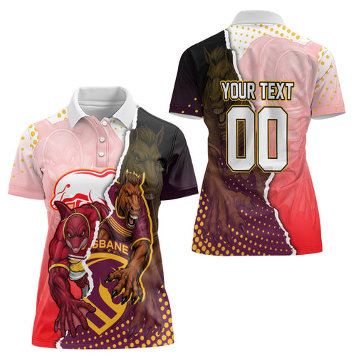 Personalized Brisbane Broncos vs Dolphins Women Polo Shirt Rivalry Dynamic Sports Rugby Mascot Graphic Art