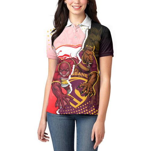 Personalized Brisbane Broncos vs Dolphins Women Polo Shirt Rivalry Dynamic Sports Rugby Mascot Graphic Art