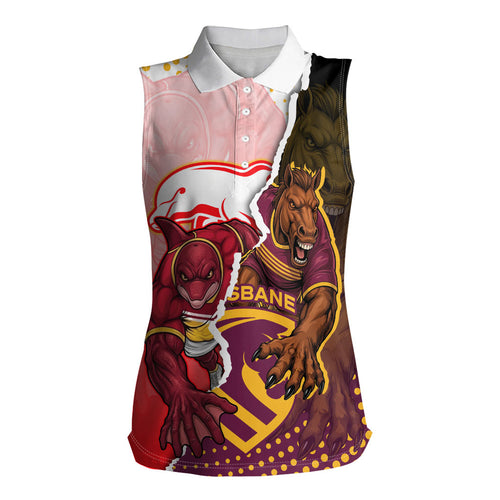 Personalized Brisbane Broncos vs Dolphins Women Sleeveless Polo Shirt Rivalry Dynamic Sports Rugby Mascot Graphic Art