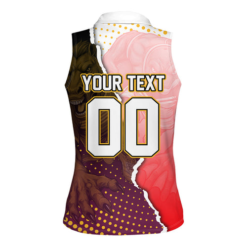 Personalized Brisbane Broncos vs Dolphins Women Sleeveless Polo Shirt Rivalry Dynamic Sports Rugby Mascot Graphic Art
