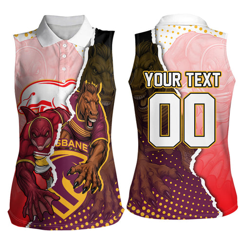 Personalized Brisbane Broncos vs Dolphins Women Sleeveless Polo Shirt Rivalry Dynamic Sports Rugby Mascot Graphic Art