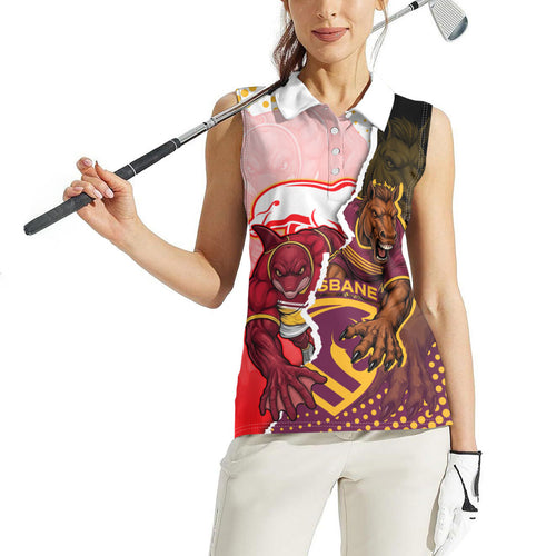 Personalized Brisbane Broncos vs Dolphins Women Sleeveless Polo Shirt Rivalry Dynamic Sports Rugby Mascot Graphic Art