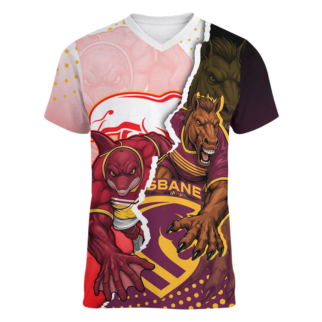 Personalized Brisbane Broncos vs Dolphins Women V-Neck T-Shirt Rivalry Dynamic Sports Rugby Mascot Graphic Art