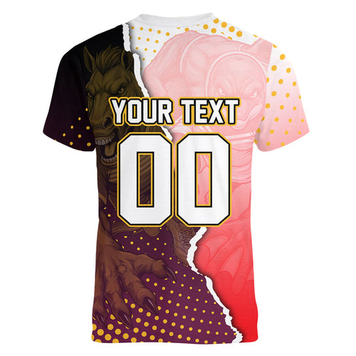 Personalized Brisbane Broncos vs Dolphins Women V-Neck T-Shirt Rivalry Dynamic Sports Rugby Mascot Graphic Art