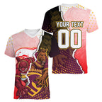Personalized Brisbane Broncos vs Dolphins Women V-Neck T-Shirt Rivalry Dynamic Sports Rugby Mascot Graphic Art