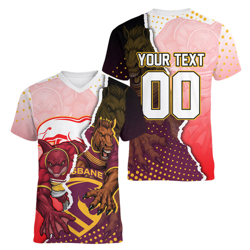 Personalized Brisbane Broncos vs Dolphins Women V-Neck T-Shirt Rivalry Dynamic Sports Rugby Mascot Graphic Art