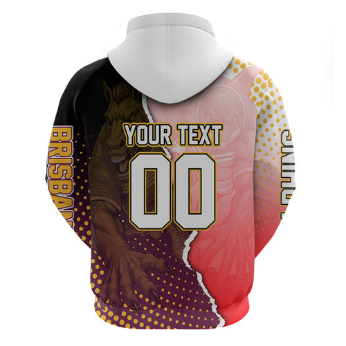 Personalized Brisbane Broncos vs Dolphins Zip Hoodie Rivalry Dynamic Sports Rugby Mascot Graphic Art