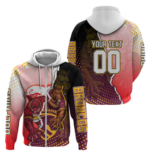 Personalized Brisbane Broncos vs Dolphins Zip Hoodie Rivalry Dynamic Sports Rugby Mascot Graphic Art