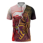 Personalized Brisbane Broncos vs Dolphins Zipper Polo Shirt Rivalry Dynamic Sports Rugby Mascot Graphic Art